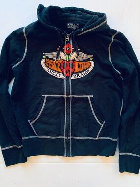 Lucky Brand Girls Black Peace Love Hoodie Vintage Inspired Sz Large